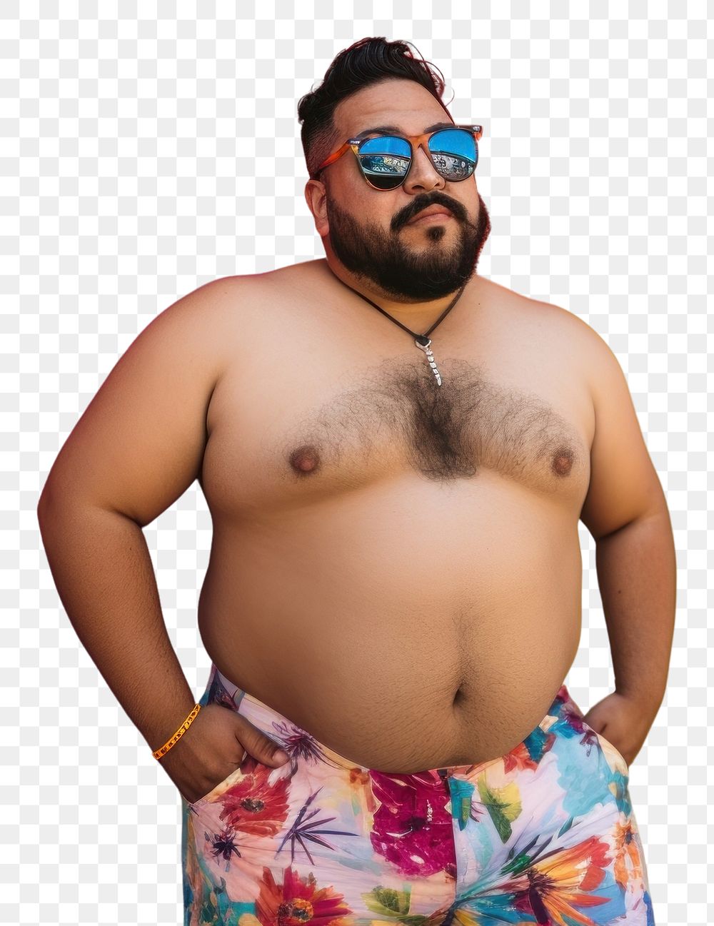 PNG Chubby Latino man in a swimming pants standing in front of a colorful wall sunglasses portrait fashion. AI generated…