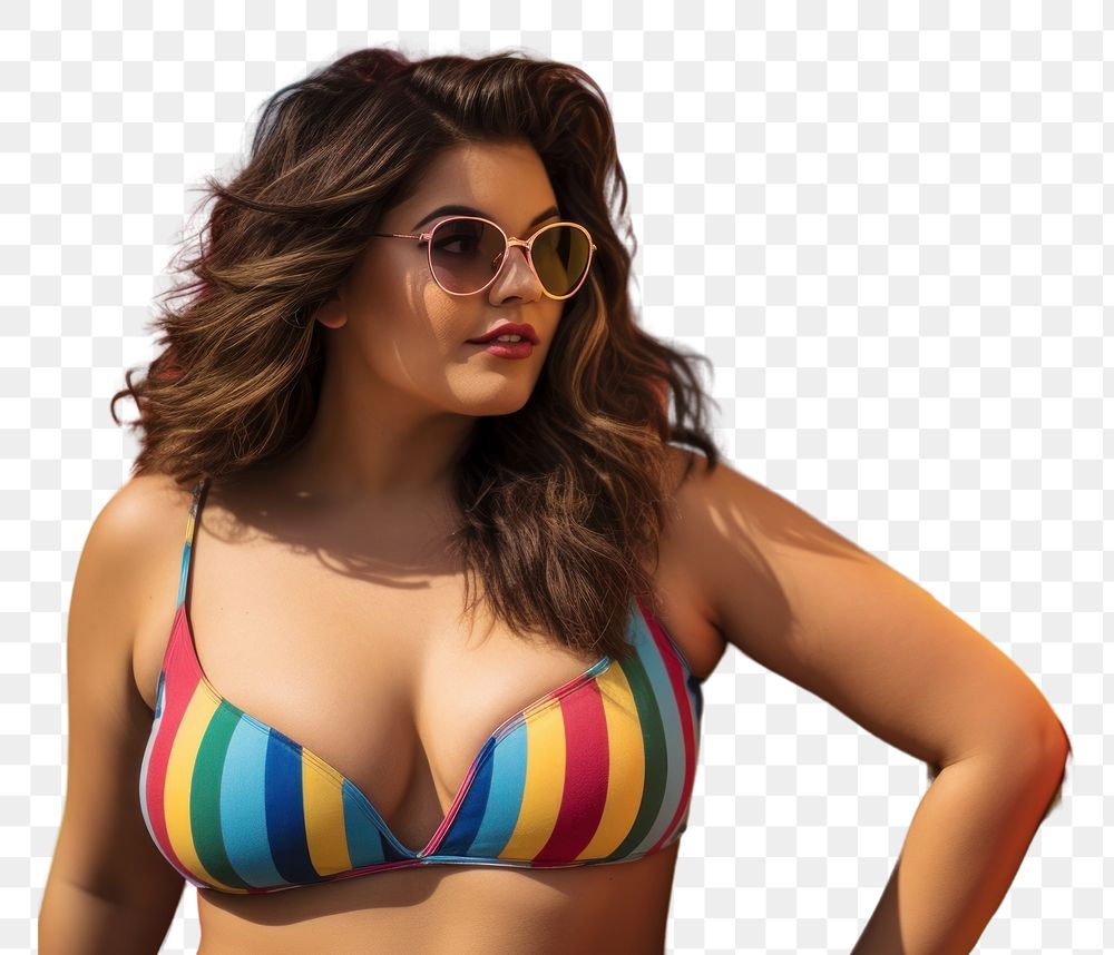 PNG Chubby Latina woman in a swimming costume standing in front of a colorful wall sunglasses swimwear portrait. AI…