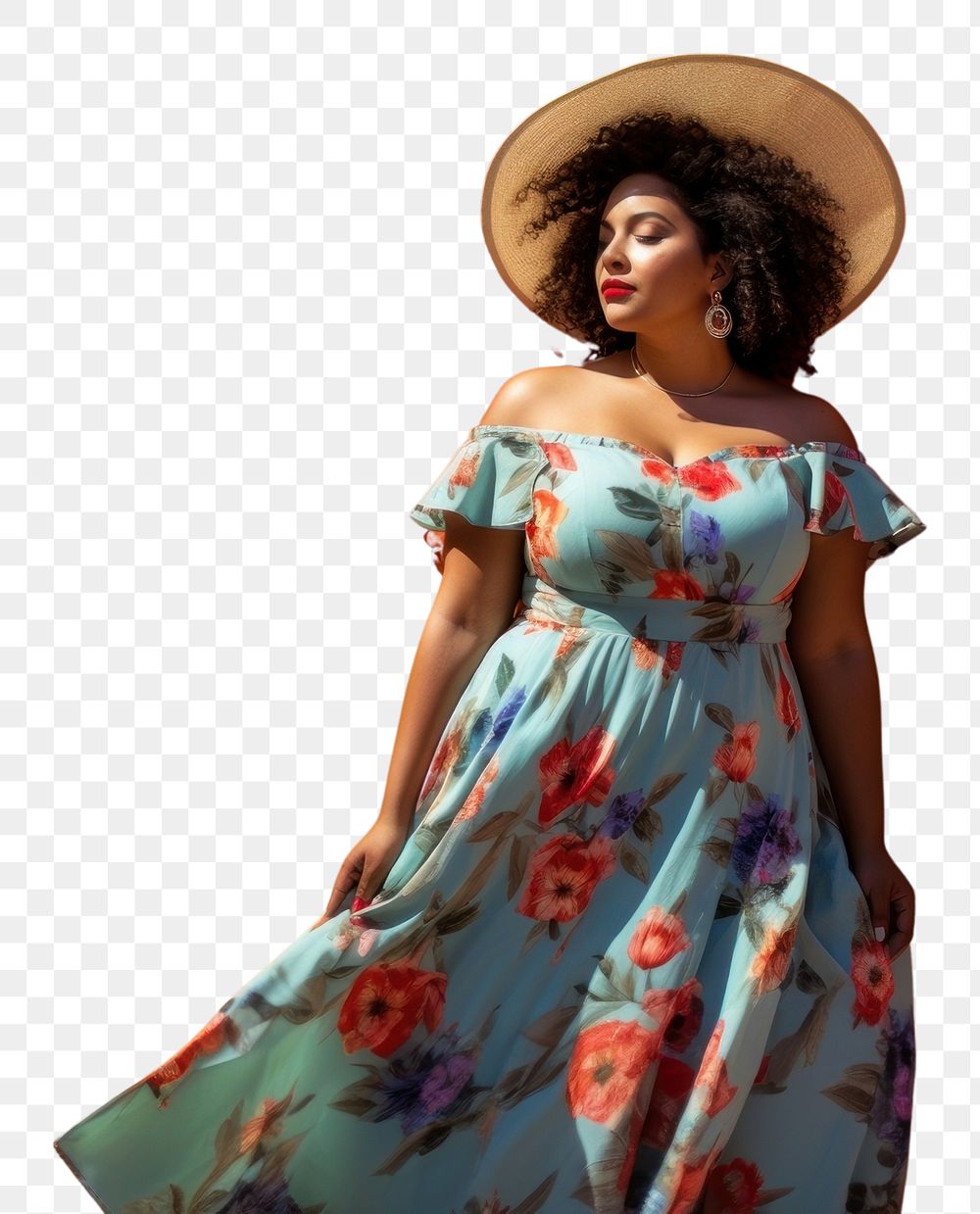 PNG Chubby Latina woman in a sundress standing in front of a colorful wall fashion adult architecture. AI generated Image by…