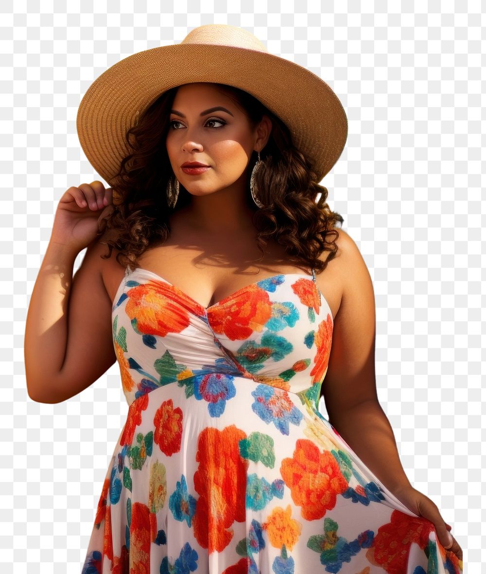 PNG Chubby Latina woman in a sundress standing in front of a colorful wall fashion portrait vacation. AI generated Image by…