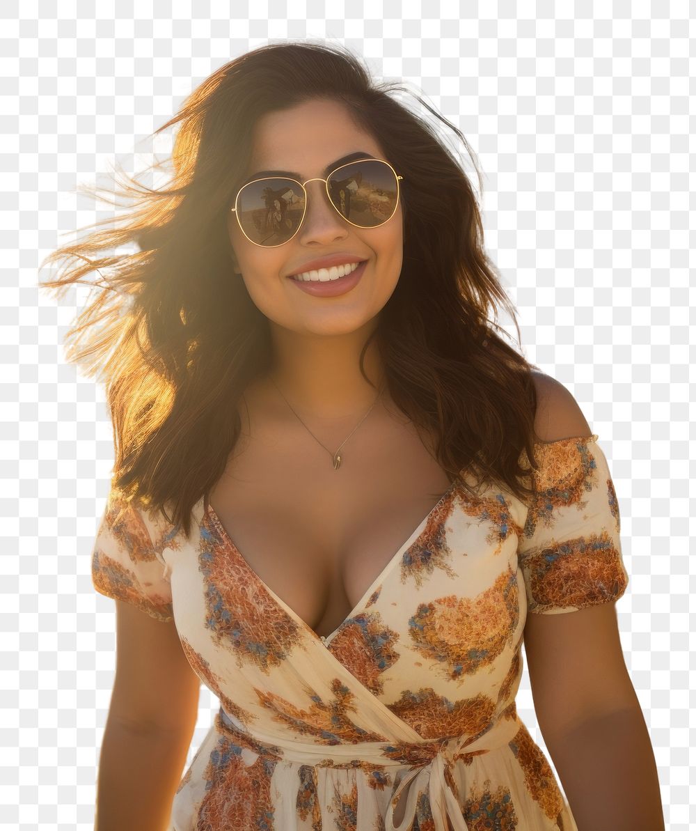 PNG Chubby Latina woman walking on a beach with a sunny in the background sunglasses portrait vacation. AI generated Image…