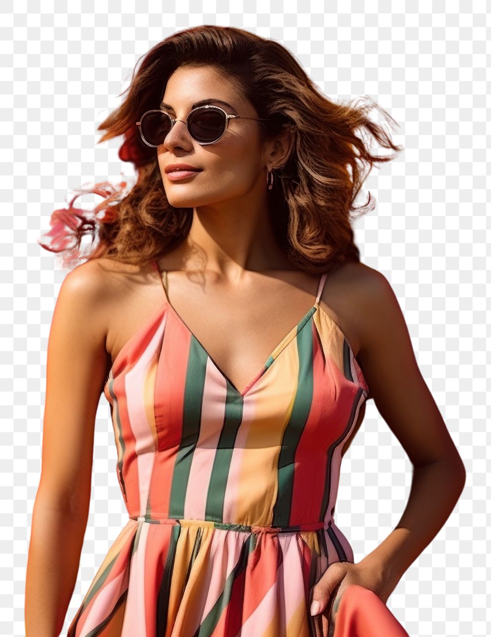 PNG Latina woman in a sundress standing in front of a colorful wall fashion sunglasses summer. AI generated Image by…