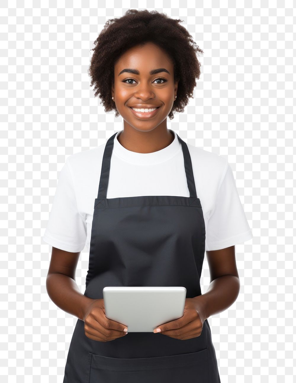 PNG  Woman holding a digital tablet apron entrepreneur electronics. AI generated Image by rawpixel.
