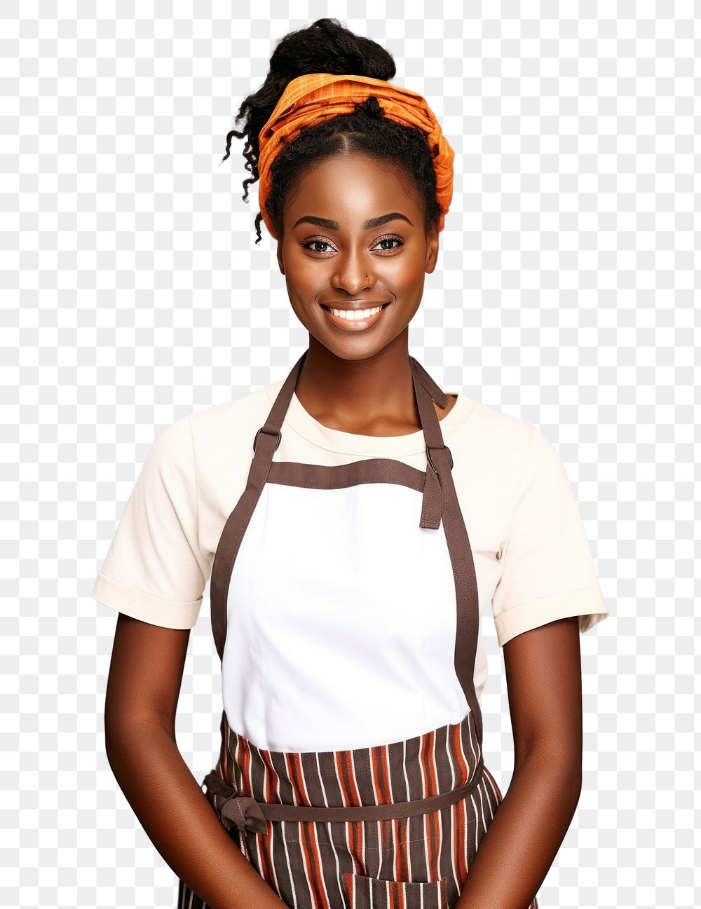 PNG  Woman holding a digital tablet apron smile hairstyle. AI generated Image by rawpixel.