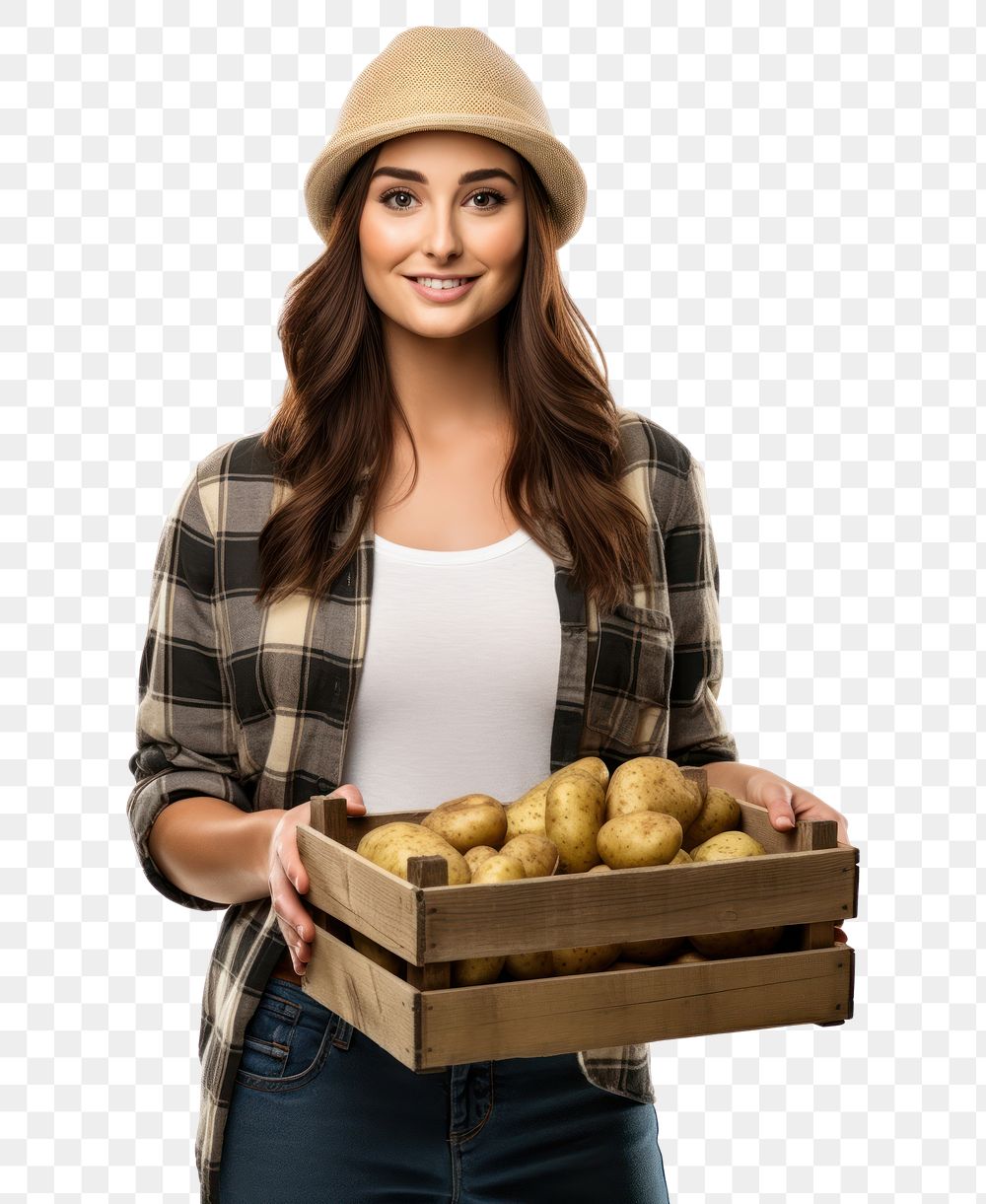 PNG  Female farmer holding potato crate vegetable adult plant. AI generated Image by rawpixel.