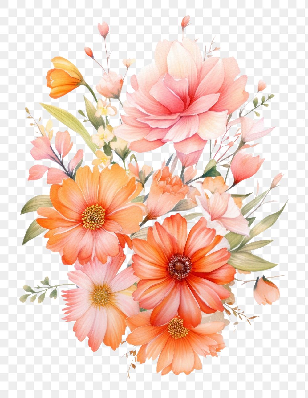 PNG Pink and orange flowers bouquet pattern petal plant. AI generated Image by rawpixel.