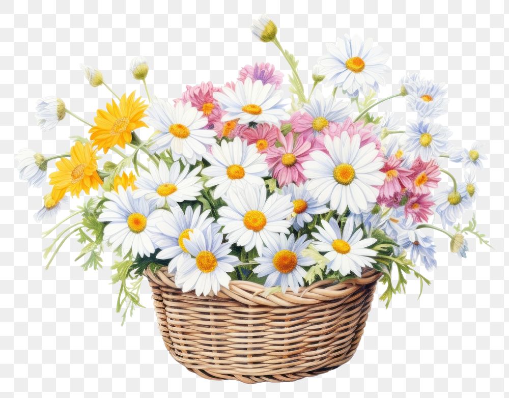 PNG Wicker basket full of daisy flowers plant white background inflorescence. AI generated Image by rawpixel.