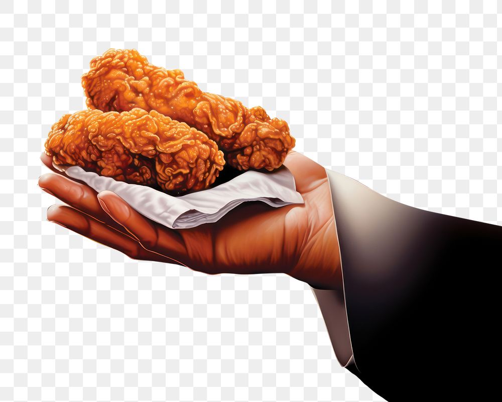 PNG Hand holding a Crispy Fried Chicken Drumstick fried food black background. AI generated Image by rawpixel.