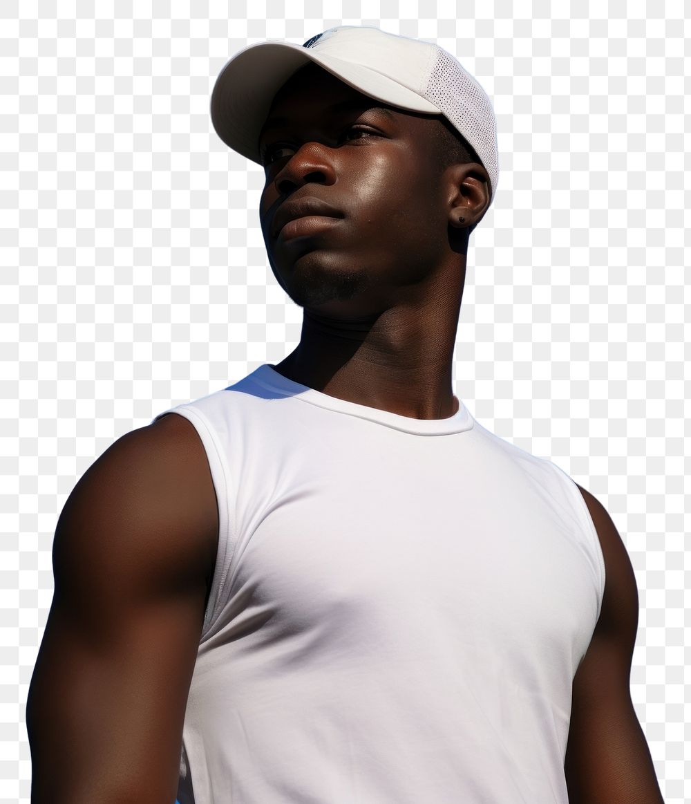 PNG Black young man wearing a white tank top and snapback standing adult blue. AI generated Image by rawpixel.