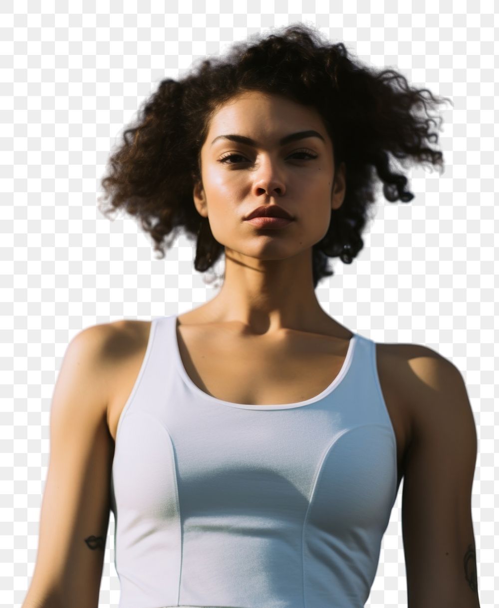 PNG Black young woman wearing a white tank top and back cap standing adult blue. AI generated Image by rawpixel.
