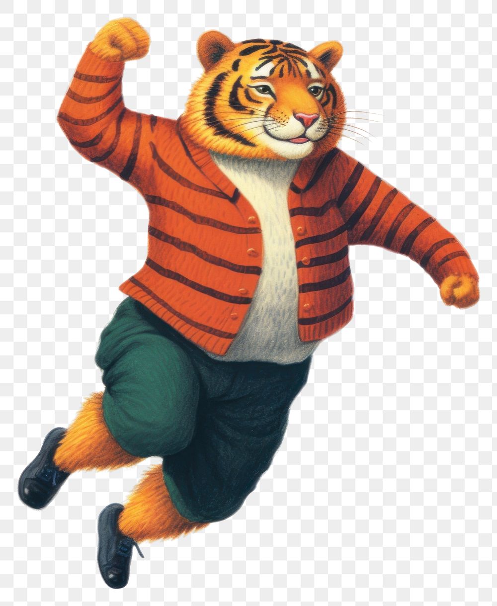PNG Tiger wearing pants jumping animal mammal white background. AI generated Image by rawpixel.