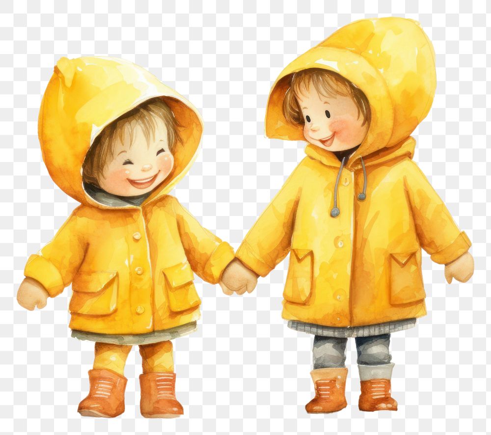 PNG  Two children standing and Wear a yellow raincoat and play in the rain cute white background togetherness. AI generated…