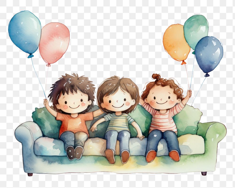 PNG  Three children sat watching a movie on a large sofa representation balloon cute. AI generated Image by rawpixel.