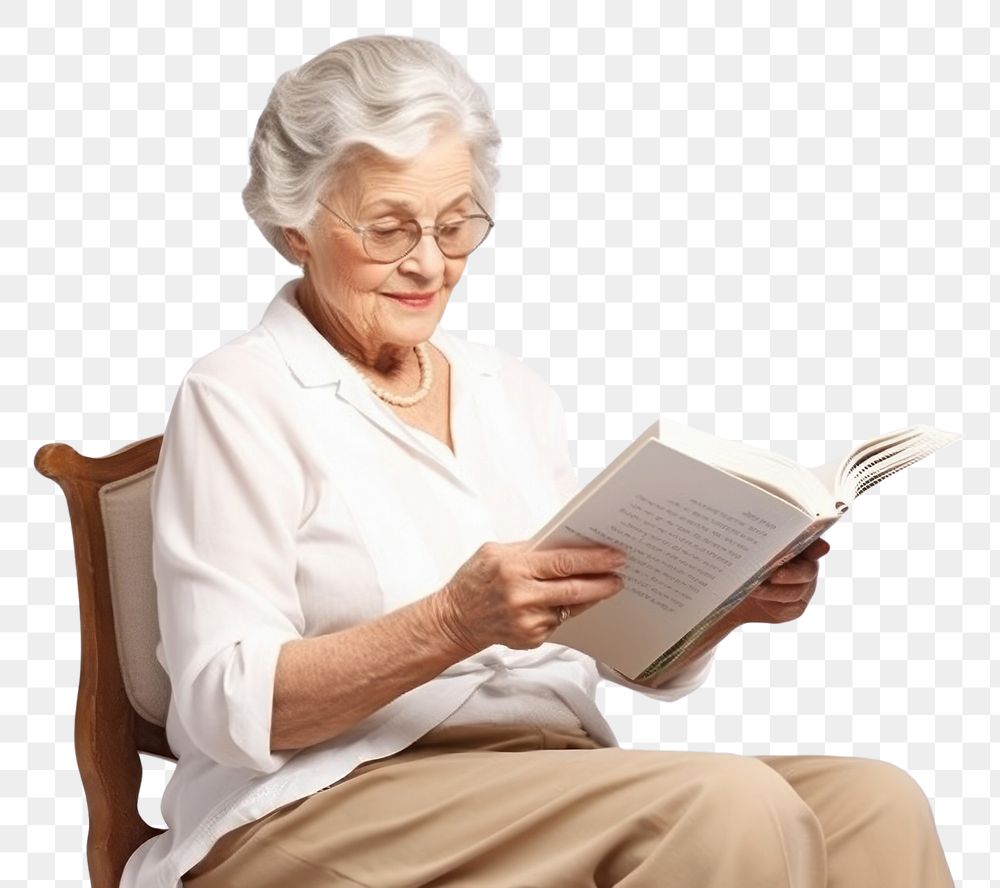 PNG Old woman glasses reading sitting. AI generated Image by rawpixel.