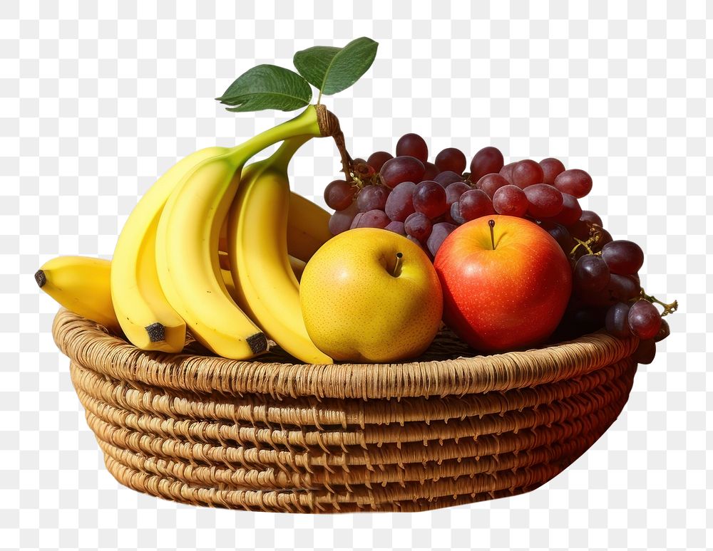 PNG  A basket of healthy fruits banana grapes apple. AI generated Image by rawpixel.