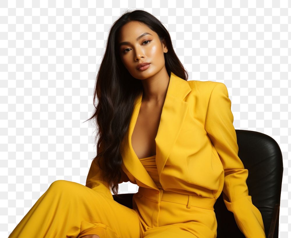 PNG Filipino woman portrait sitting yellow. AI generated Image by rawpixel.