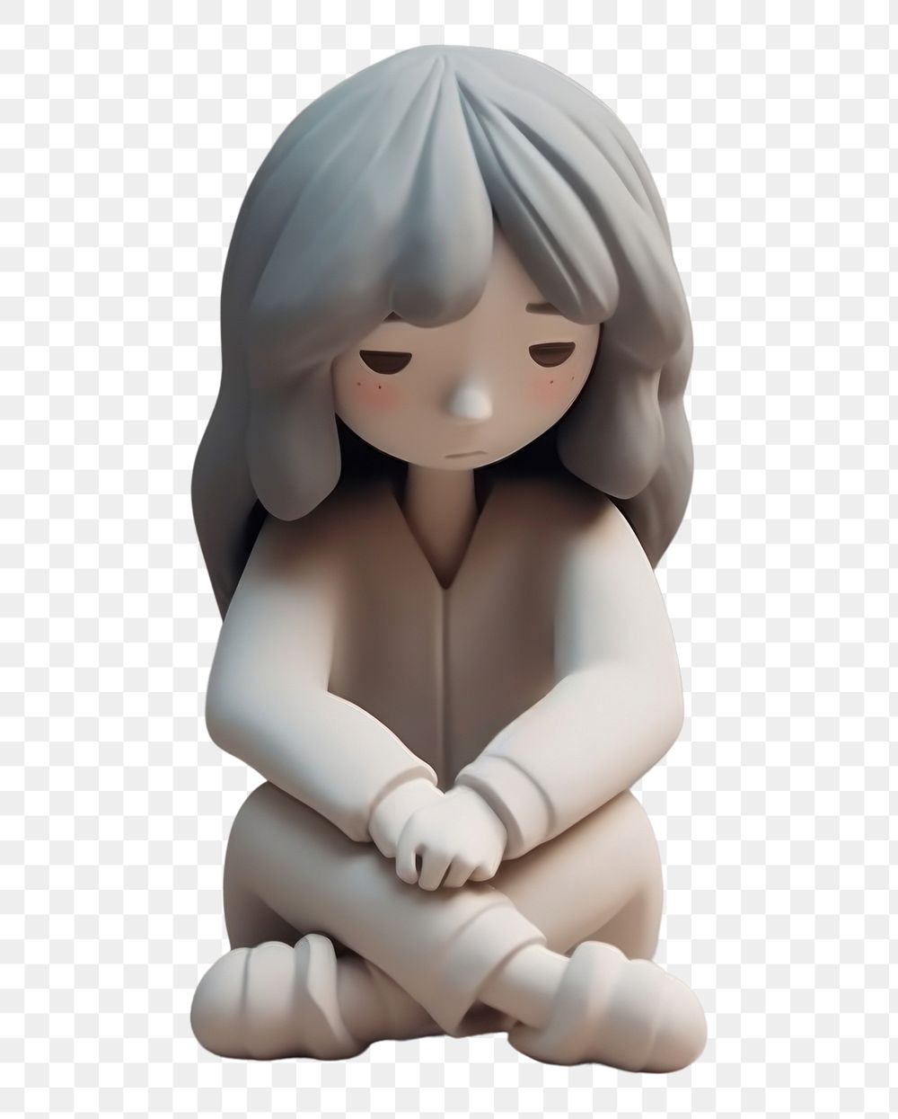PNG  Young depressed female character sitting on the floor and holding their knees figurine toy representation. AI generated…