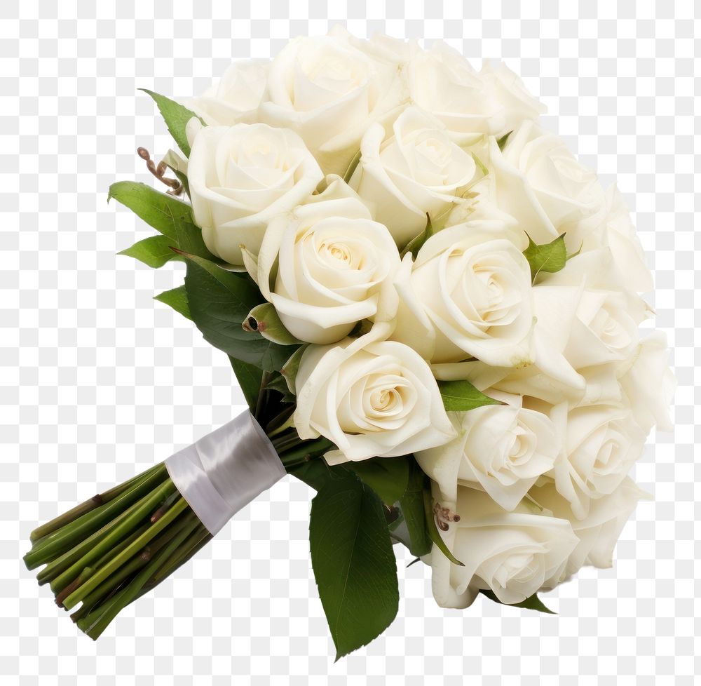 PNG  A Bouquet of white roses with ribbon flower plant white background. AI generated Image by rawpixel.