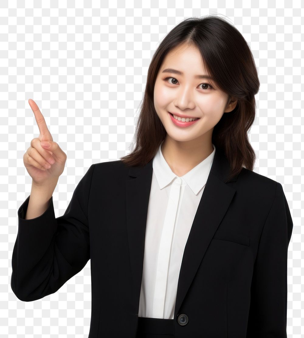 PNG  A Beautiful young asian woman pointing something on the right with finger smile portrait adult. AI generated Image by…