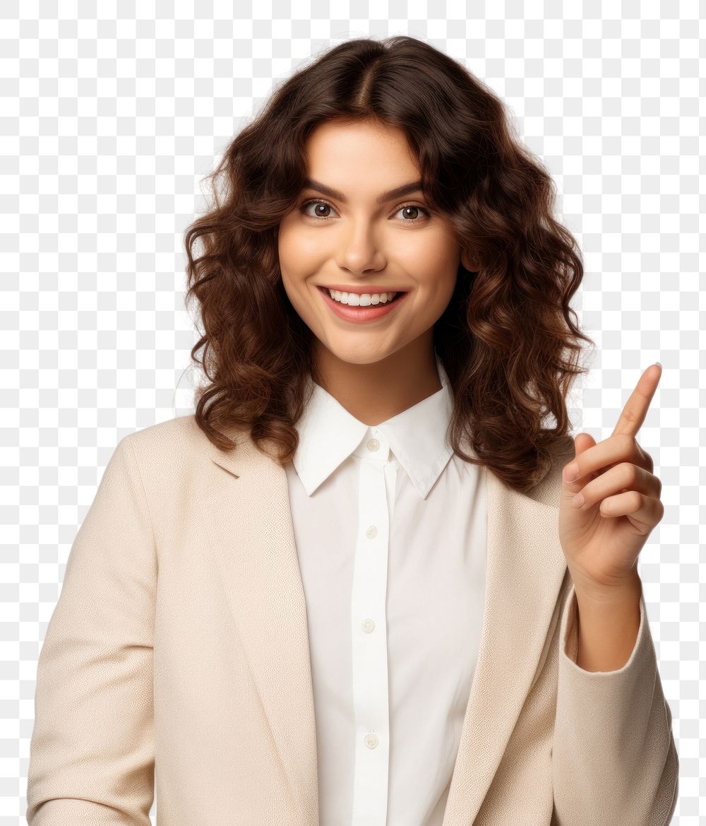 PNG  A Beautiful young european woman pointing something on the right with finger smile portrait adult. .