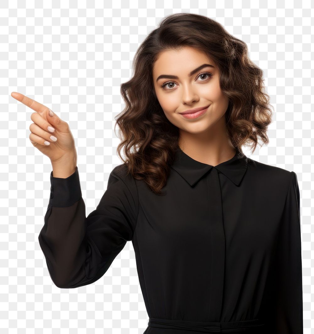PNG  A Beautiful young woman pointing something on the right with finger smile portrait looking. AI generated Image by…