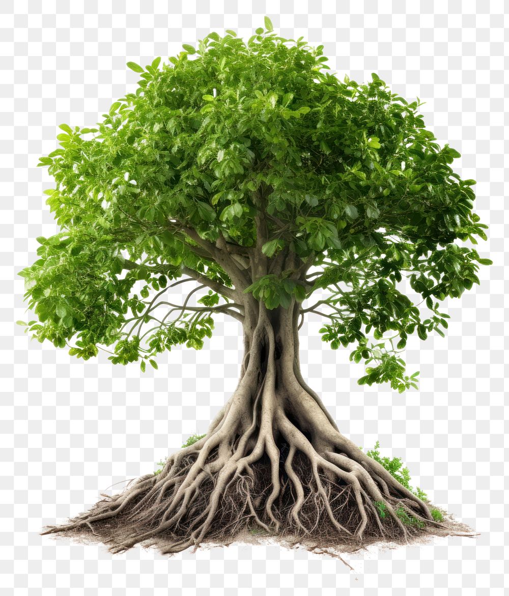 PNG A Big green tree with roots beneath bonsai plant white background. .