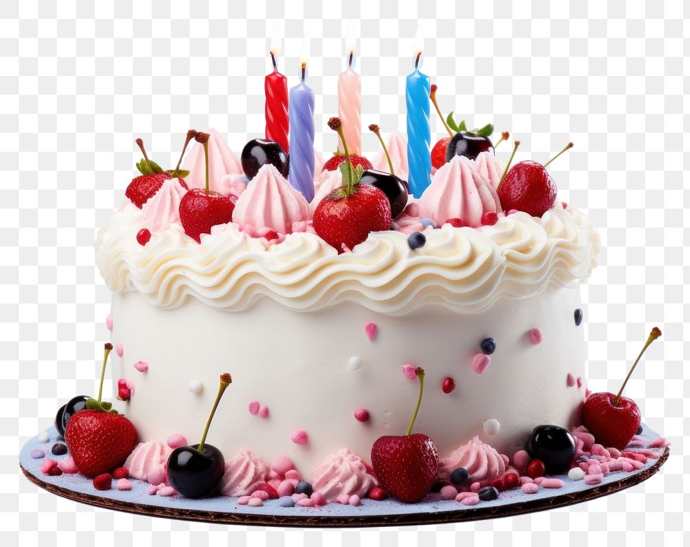 PNG A birthday cake with decorations dessert cream berry. 