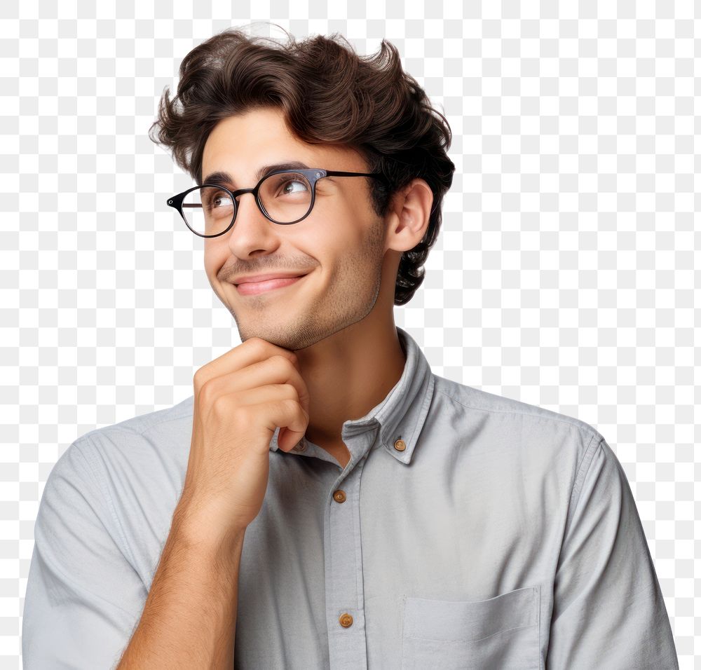 PNG A Portrait of young man thinking happily portrait smile glasses. AI generated Image by rawpixel.