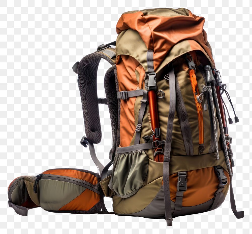 PNG A rucksack with Hiking equipment backpacking travel bag. AI generated Image by rawpixel.