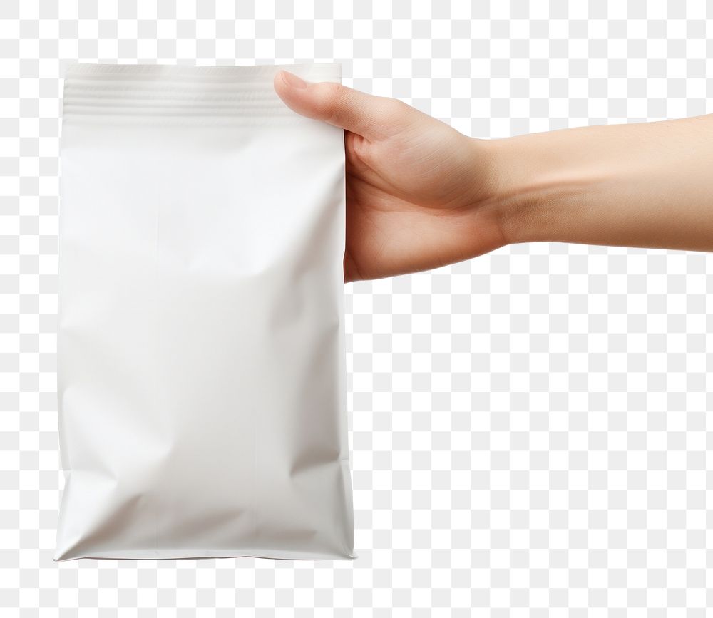 PNG Hand holding plain white coffee bag white background letterbox plastic. AI generated Image by rawpixel.