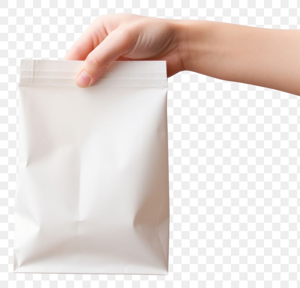 PNG Hand holding plain white coffee bag white background plastic finger. AI generated Image by rawpixel.