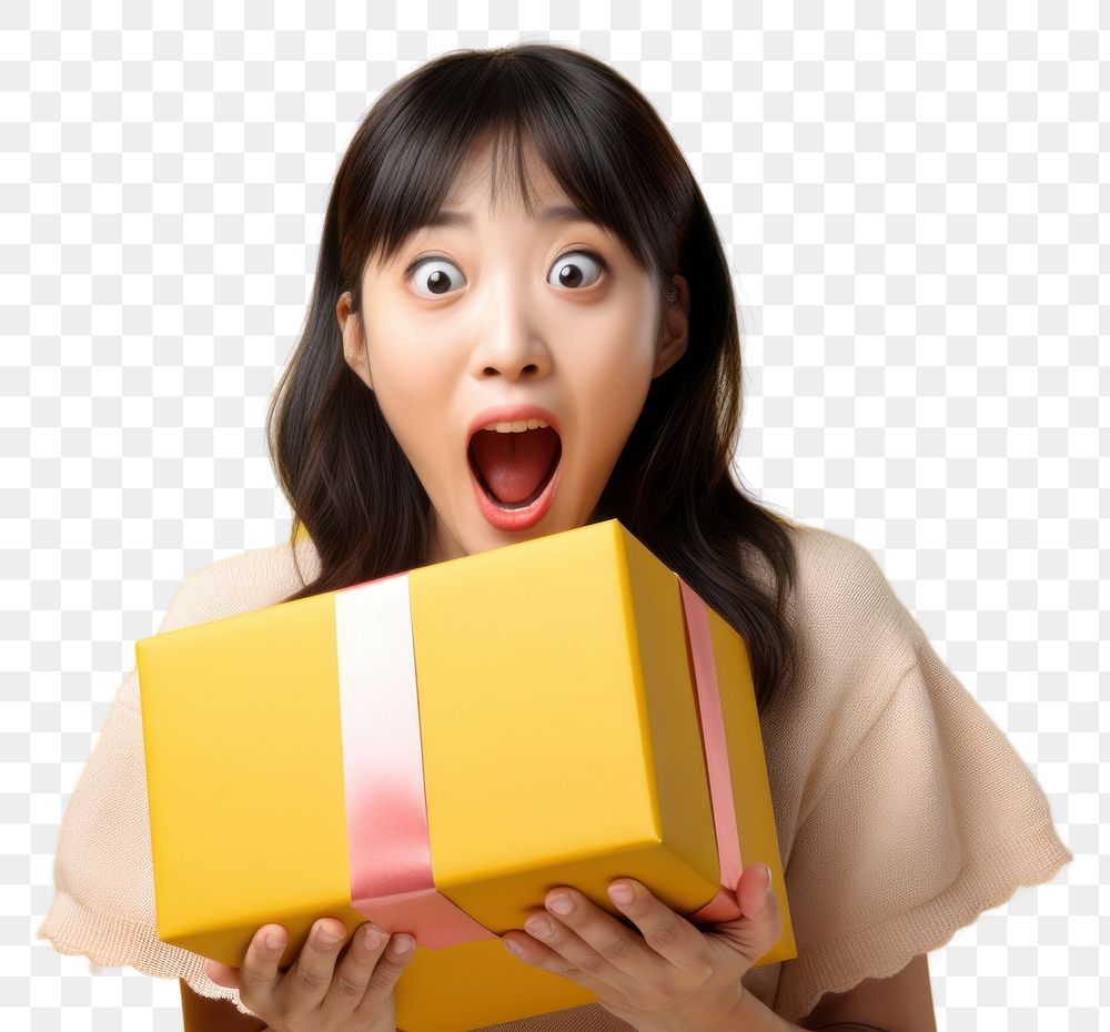 PNG Japanese young girl surprised birthday box. AI generated Image by rawpixel.