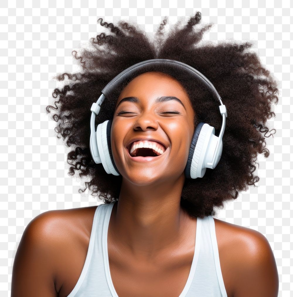 PNG African american woman delight enjoy music headphones laughing headset. AI generated Image by rawpixel.