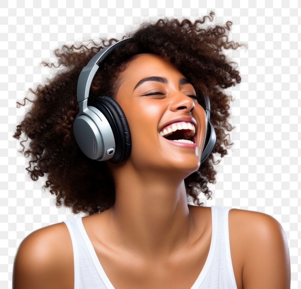 PNG African american woman delight enjoy music headphones laughing headset. AI generated Image by rawpixel.