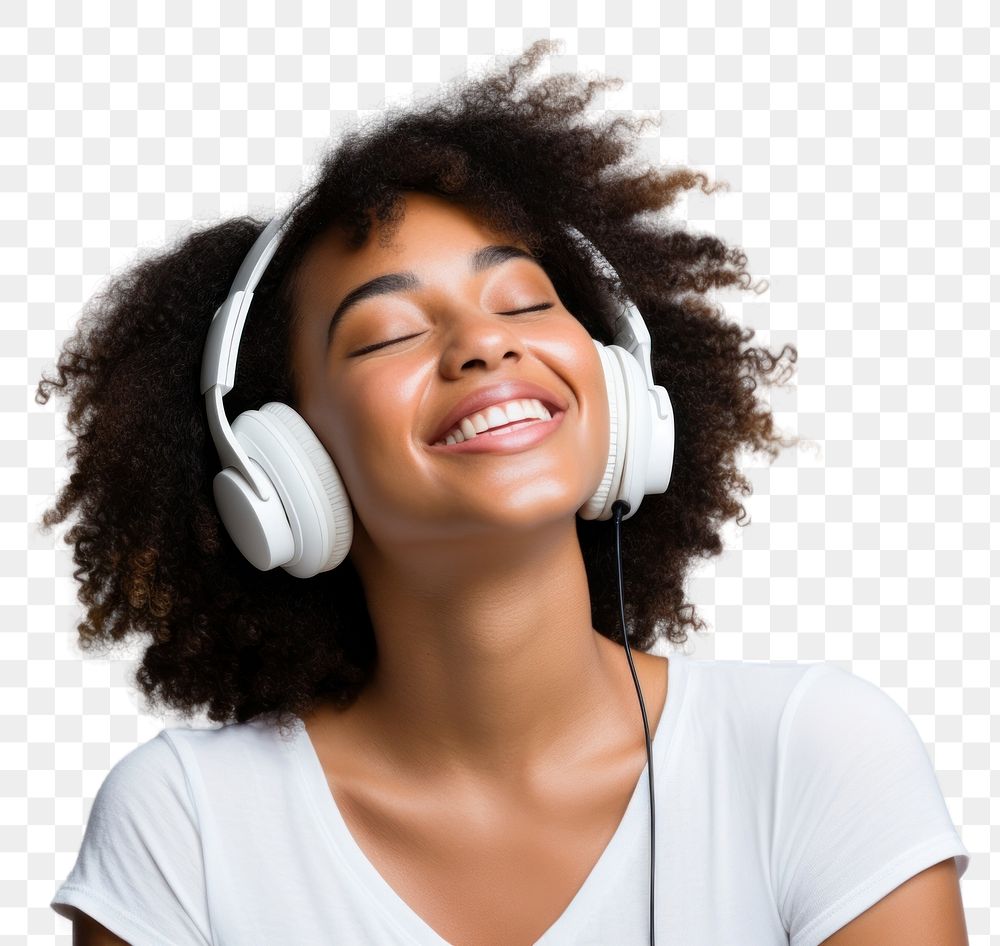 PNG African american woman delight headphones headset smile. AI generated Image by rawpixel.