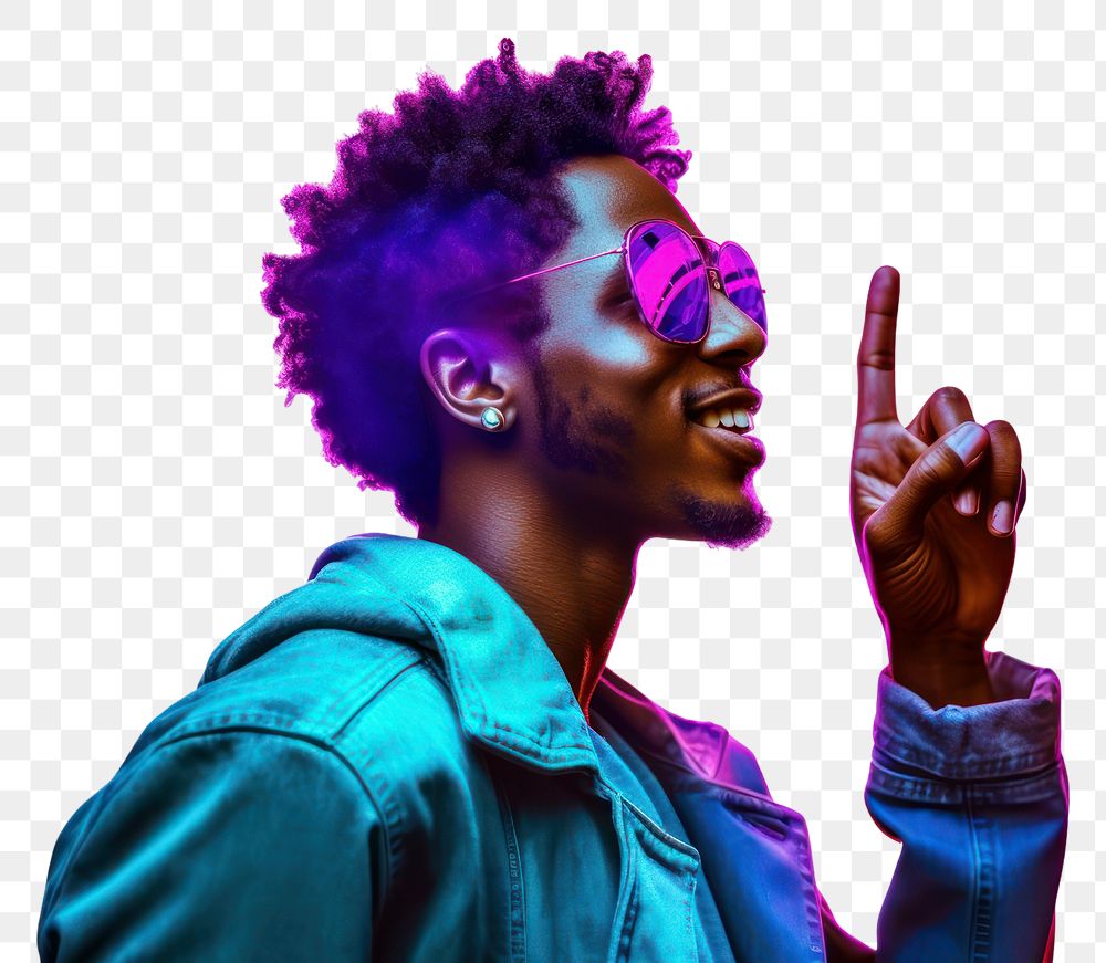 PNG African american man enjoy music while finger pointing to sky purple portrait adult. AI generated Image by rawpixel.