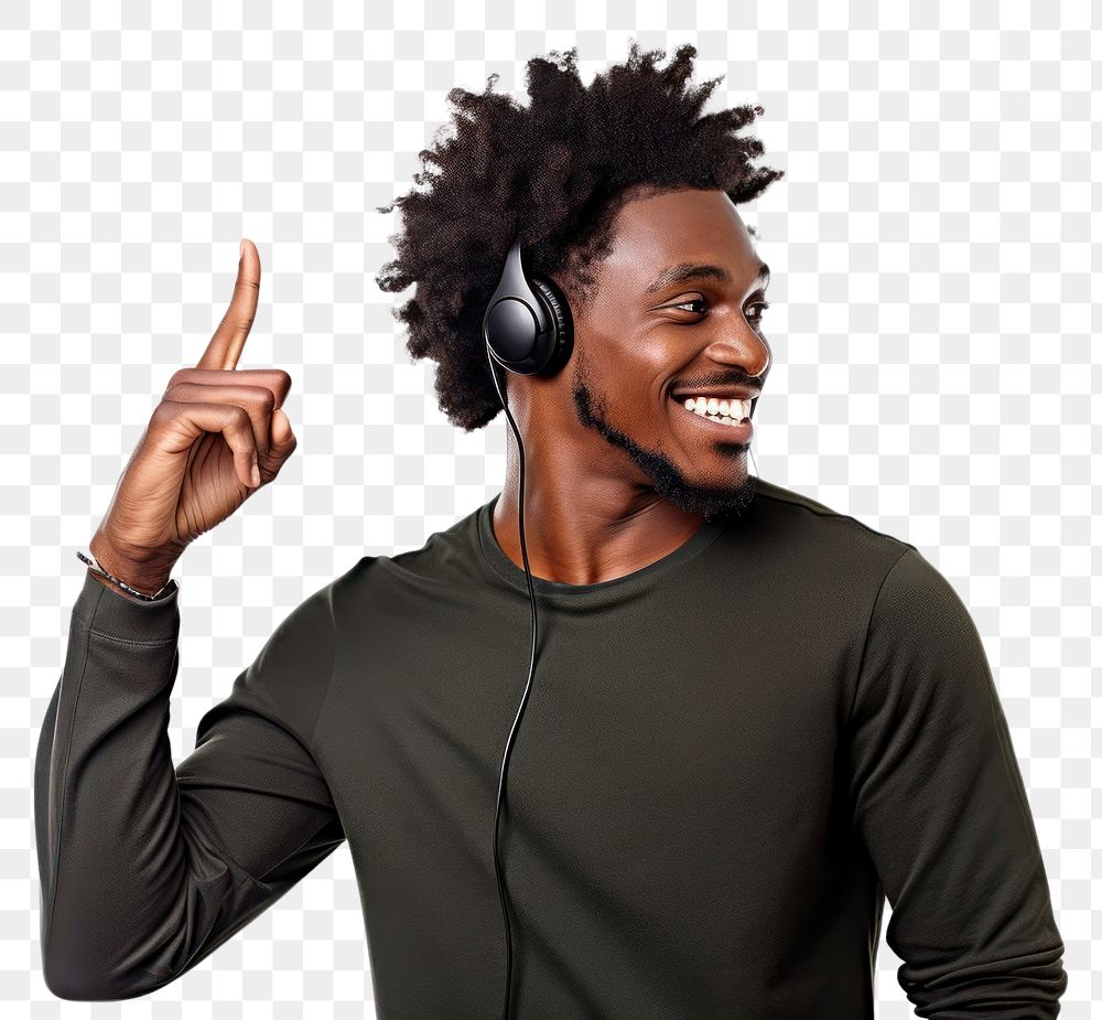PNG African american man enjoy music while finger pointing to his ear laughing smile adult. AI generated Image by rawpixel.