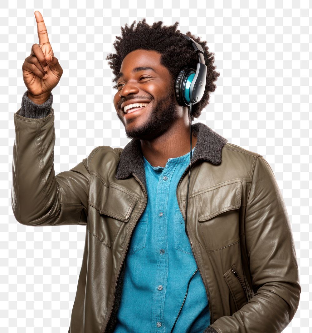 PNG African american man enjoy music while finger pointing to sky laughing smile adult. AI generated Image by rawpixel.