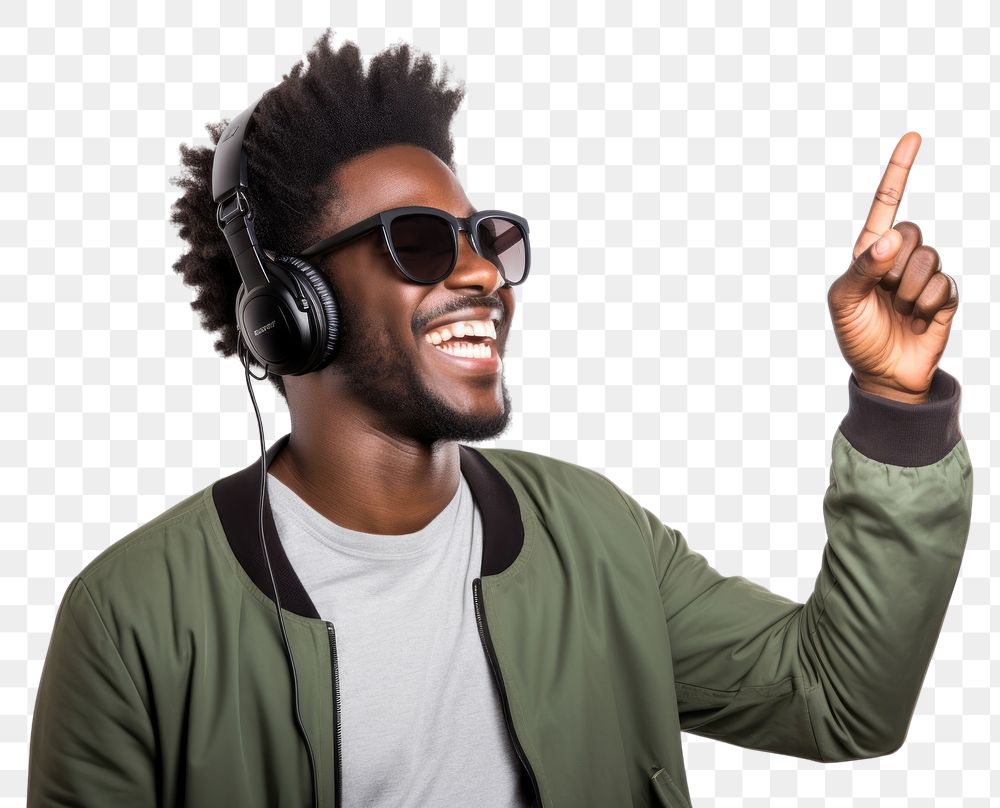 PNG African american man enjoy music while finger pointing to sky headphones headset adult. 