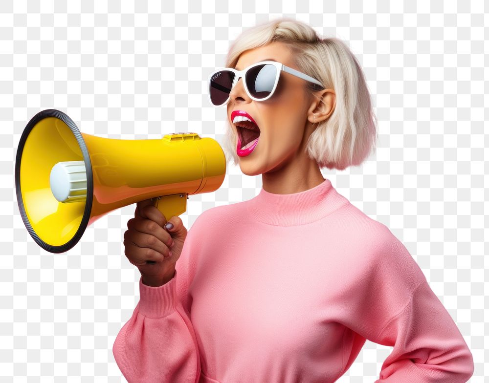 PNG English woman using megaphone shouting adult technology. AI generated Image by rawpixel.