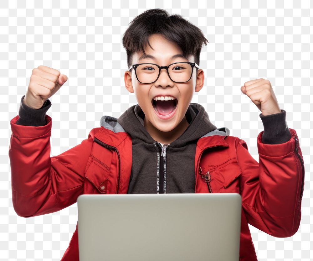 PNG  Excited young asian girl with laptop shouting computer adult. AI generated Image by rawpixel.