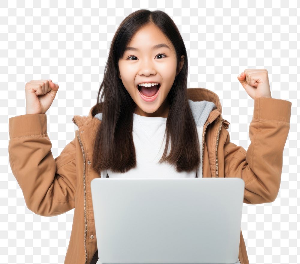 PNG  Excited young asian girl with laptop computer adult white background. AI generated Image by rawpixel.