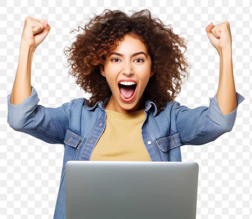 PNG  Excited young spainish girl with laptop computer adult white background