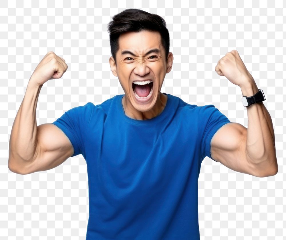 PNG  Smiling handsome young asian man shouting smiling blue. AI generated Image by rawpixel.