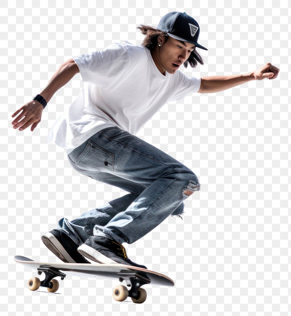 PNG Teen jump skateboard trick footwear white white background. AI generated Image by rawpixel.