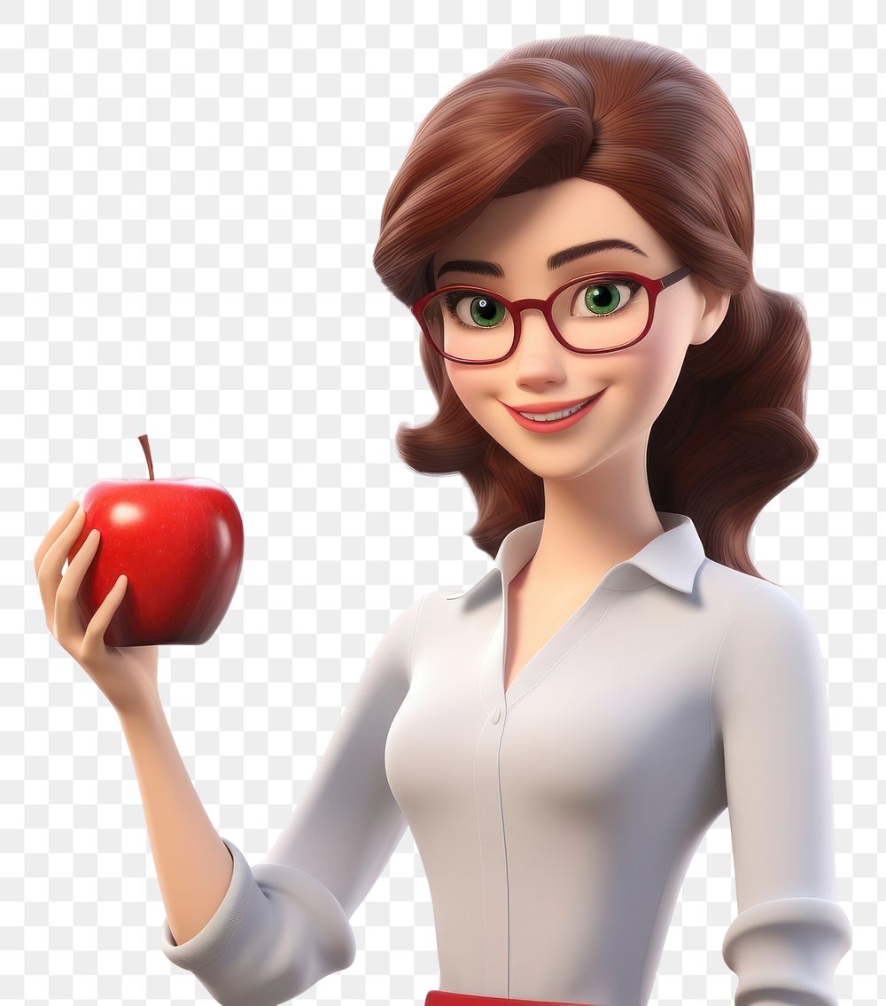 PNG  Female science teacher holding apple cartoon adult plant. AI generated Image by rawpixel.