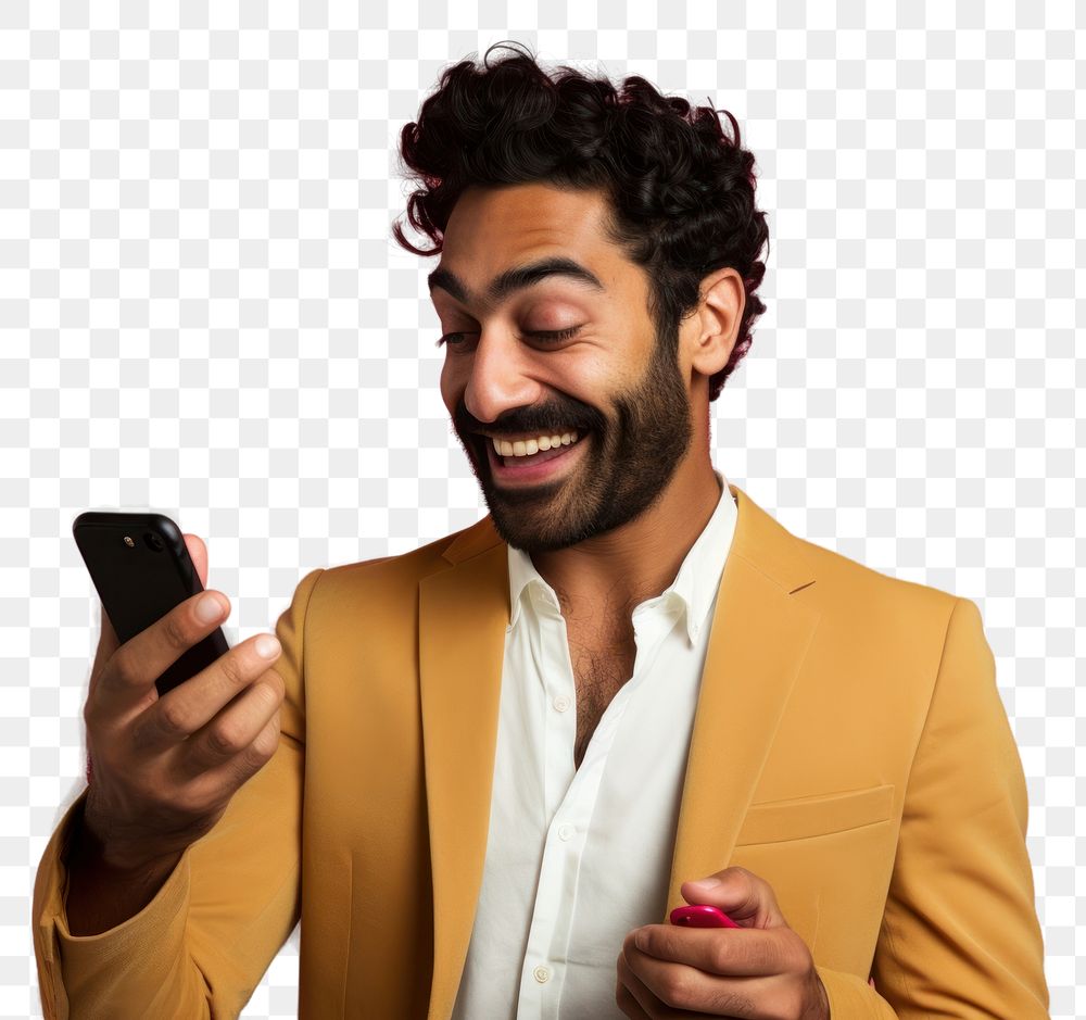 PNG An 27 yo indian pointing at his phone happiness laughing adult. AI generated Image by rawpixel.