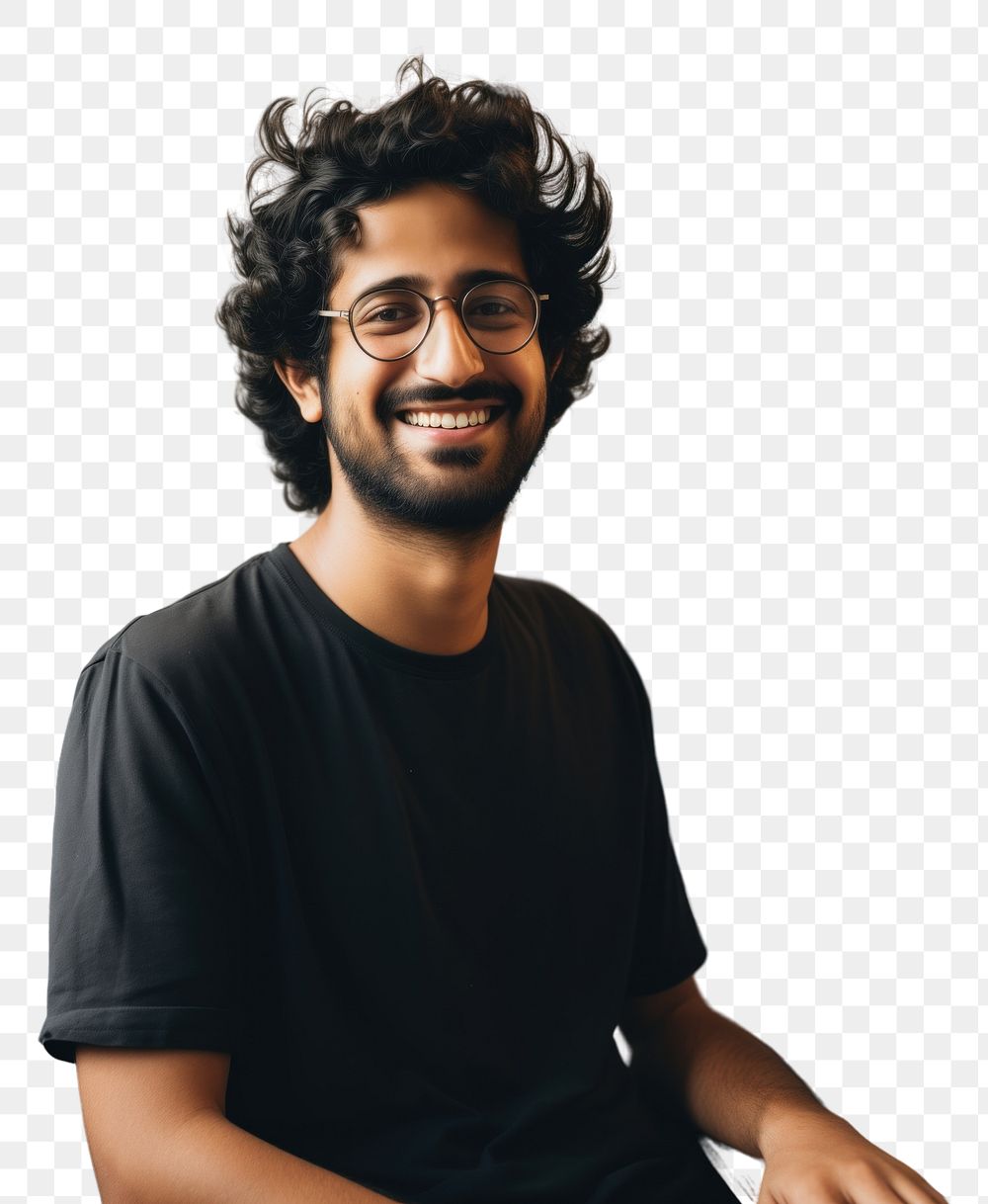 PNG A happy 27 yo Graphic Designer from india working in minimal office computer glasses smile. AI generated Image by…