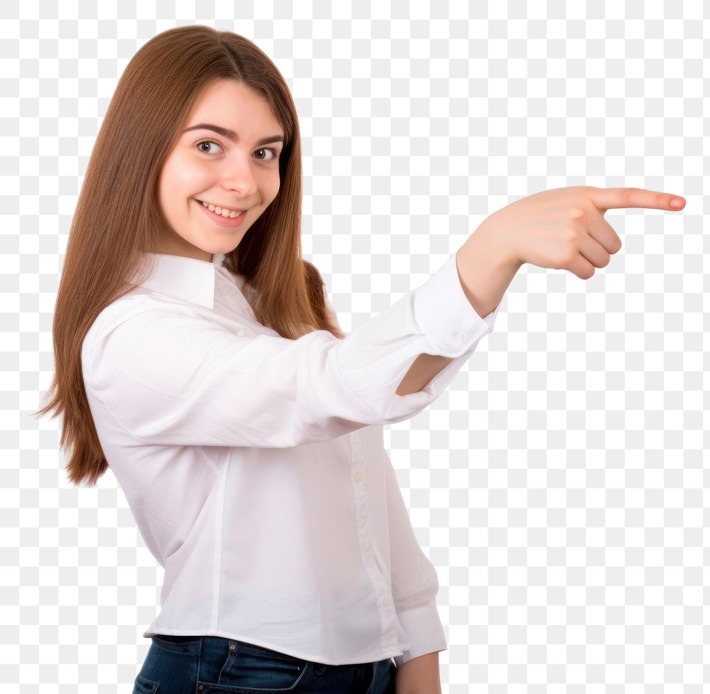 PNG  Young woman pointing portrait finger. AI generated Image by rawpixel.