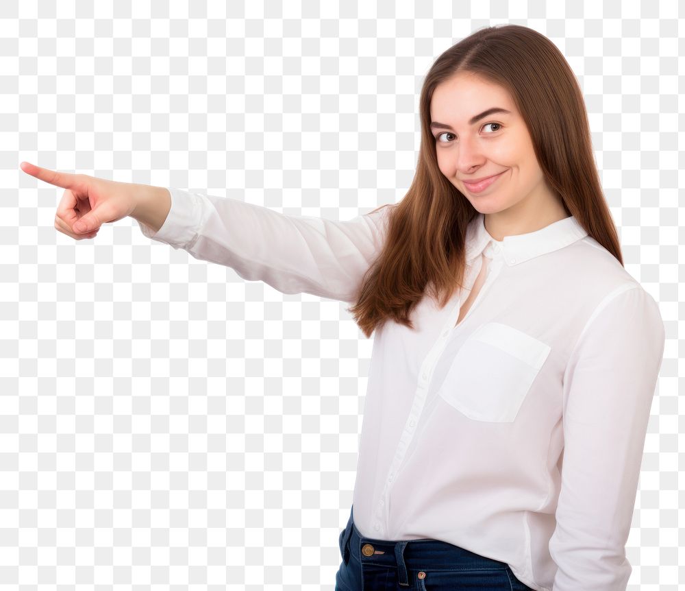 PNG  Young woman pointing adult smile. AI generated Image by rawpixel.